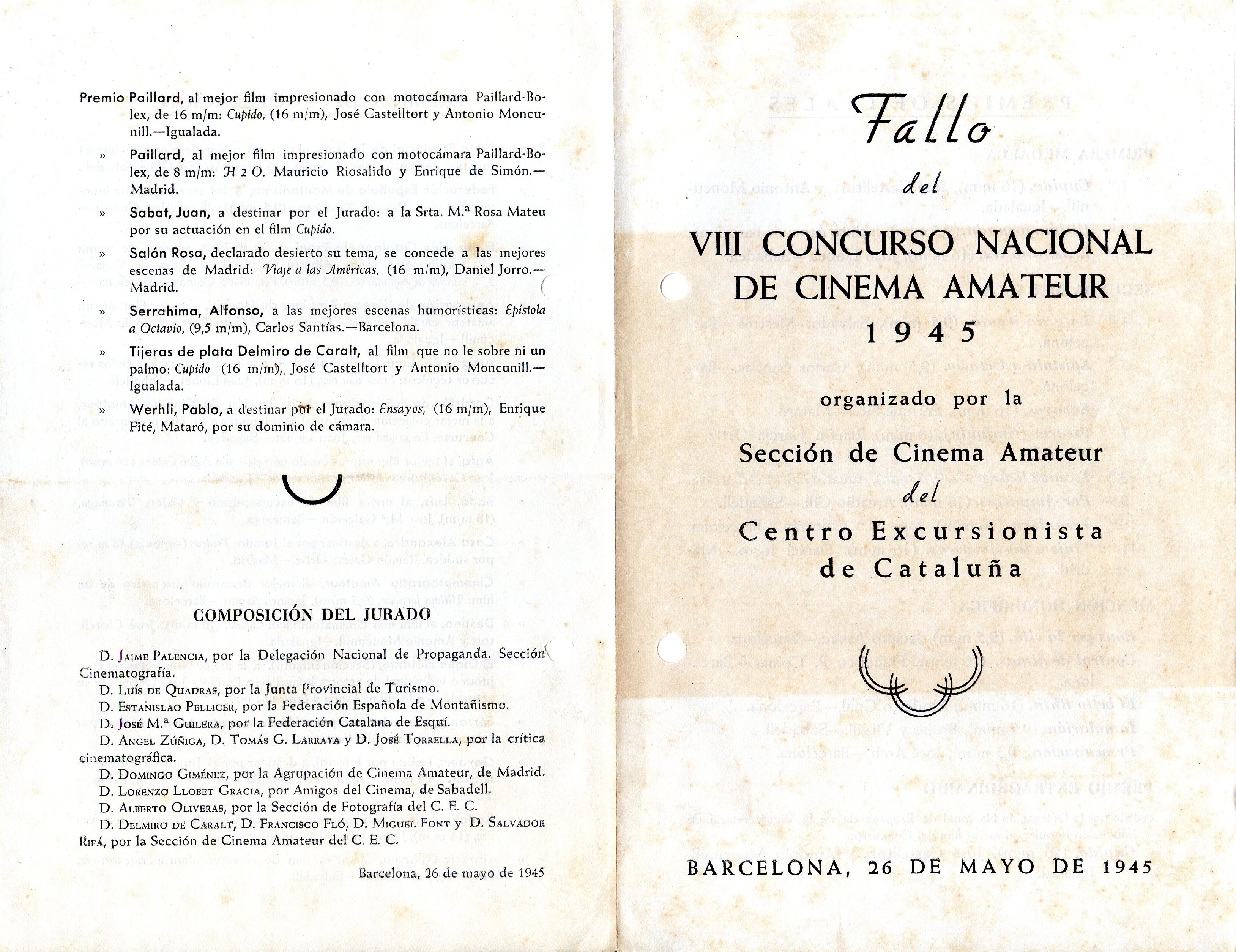 Fallo del VIII Concurso Nacional de Cinema Amateur 1945 - Portada